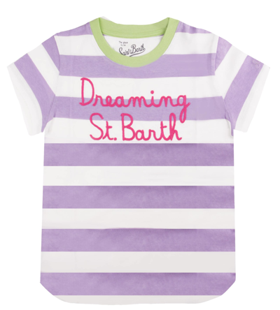 Mc2 Saint Barth Kids' Pink And White Striped Girls T-shirt With Embroided Written In Purple
