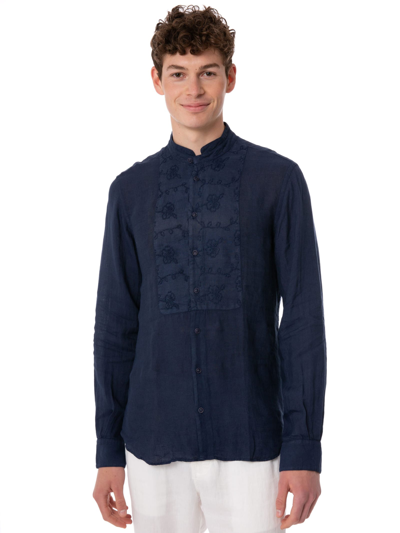 Mc2 Saint Barth Man Blue Linen Shirt With Flower Embroidery