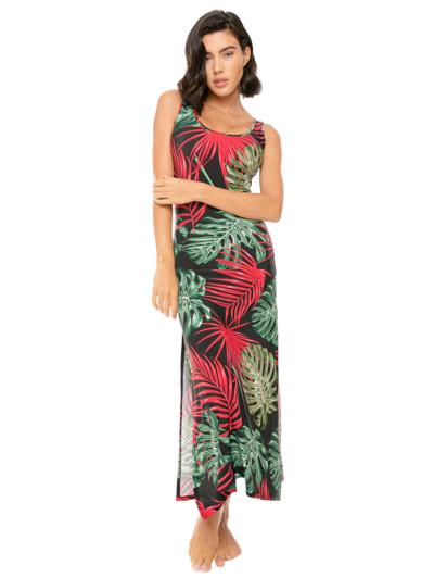 Mc2 Saint Barth Long Tank Dress Vintage Leaves Print In Black