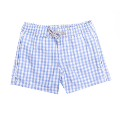 Mc2 Saint Barth Babies' Light Blue Vichy Cotton Swim Shorts For New Born