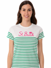 Mc2 Saint Barth Green Striped Cotton T-shirt With St. Barth Embroidery In White
