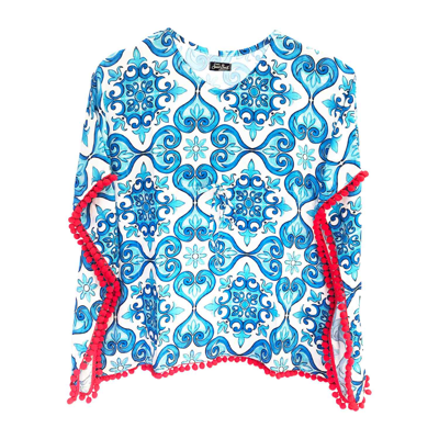 Mc2 Saint Barth Kids' Girl Poncho Maiolica Print In Blue