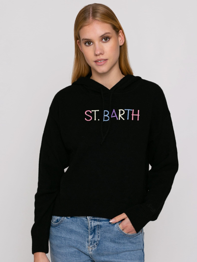 Mc2 Saint Barth Cropped Knit Hoodie With Saint Barth Embroidery In Black