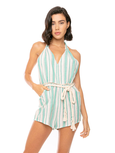 Mc2 Saint Barth Cotton Striped Short Jumpsuit In Green