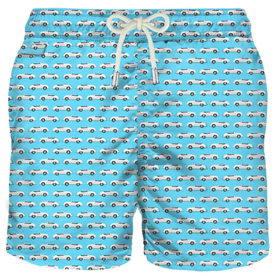 Mc2 Saint Barth Cars Micro Print Light Fabric Swim Shorts In Blue