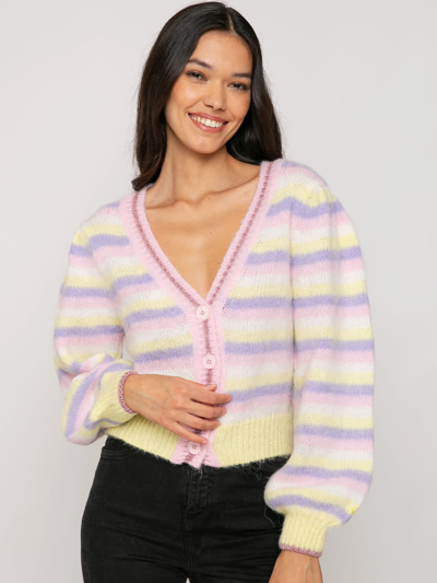 Mc2 Saint Barth Brushed Knit Crop Cardigan With Puff Sleeves And Lurex Details In Pink
