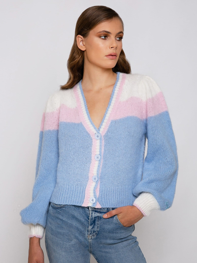 Mc2 Saint Barth Brushed Knit Crop Cardigan With Puff Sleeves In Blue