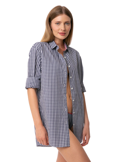 Mc2 Saint Barth Blue Navy Gingham Cotton Shirt With Embroidery