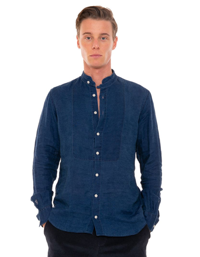 Mc2 Saint Barth Blue Denim Linen Man Shirt Korean Collar