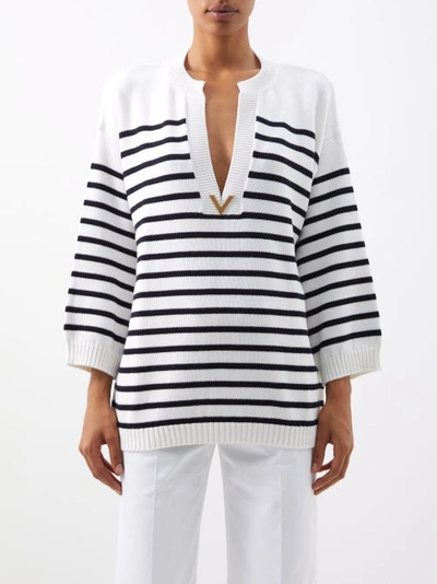 Valentino Embellished Striped Cotton And Cashmere-blend Sweater In White