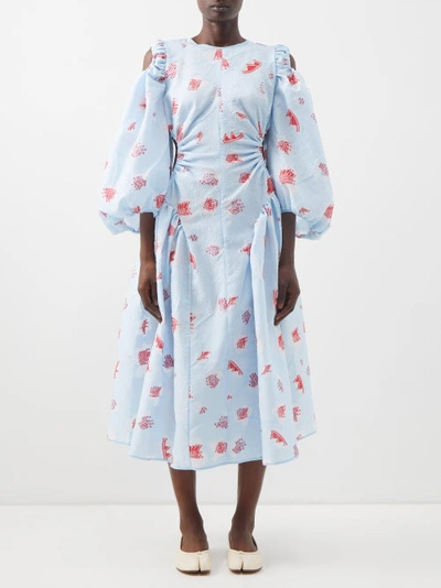 Cecilie Bahnsen Florentine Cutout Embroidered Fil-coupé Midi Dress In Maya Blue Poppy Red