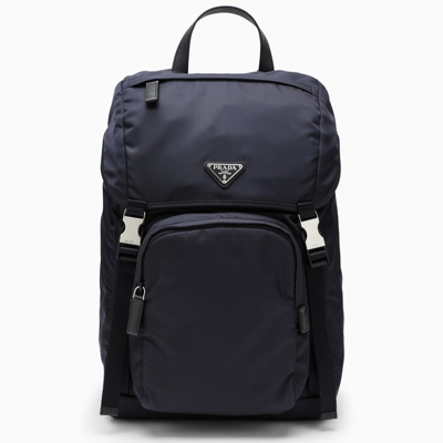 Prada Blue Nylon Backpack With Snap Closure In Black
