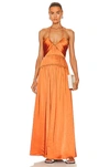 Jonathan Simkhai Clementine Pleated Satin Halter Gown In Burnt Sienna