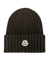 Moncler Logo Rib Virgin Wool Beanie In Military Green