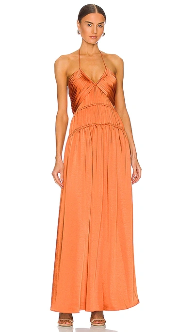 Simkhai Clementine Pleated Satin Halter Gown In Orange