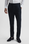 REISS KIN - NAVY SLIM FIT LINEN TROUSERS, 34