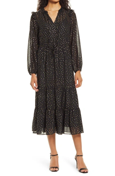 Julia Jordan Julie Jordan Drawstring Waist Long Sleeve Midi Dress In Black/ Gold