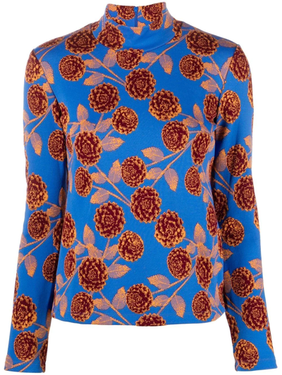 La Doublej Floral-print Turtleneck Top In Blue