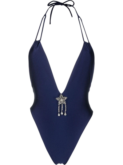 Alessandra Rich Crystal-embellished Open-back Swimsuit In Blue