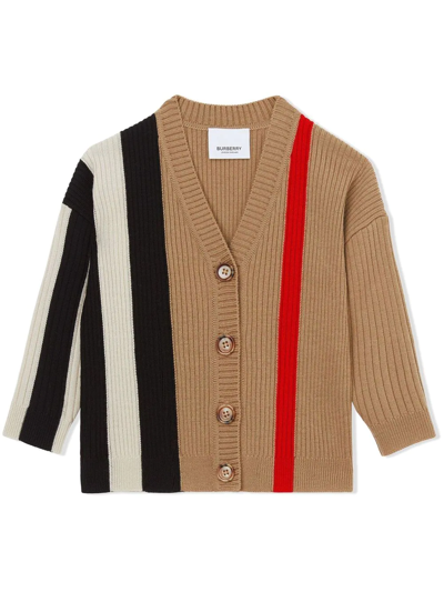 Burberry Babies' Striped V-neck Cardigan In Brown