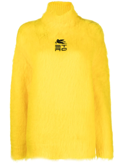 Etro Womans Turtleneck Sweater In Yellow Mohair Blend With Cube Logo