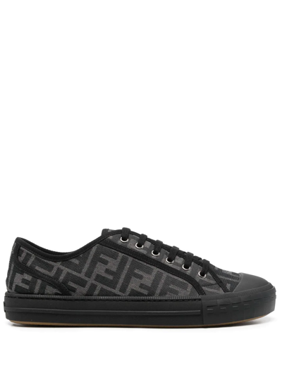 Fendi Men's New Summery Canvas Monogram Low Top Sneakers In Grey/ Black