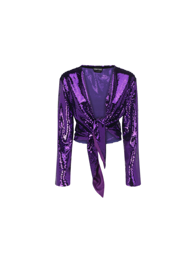 Tom Ford Liquid Sequin Wrap Top In Amethyst