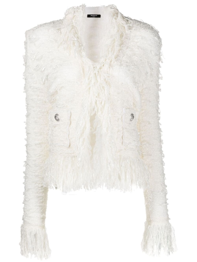 Balmain Frayed Tweed Blazer In White
