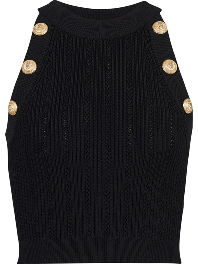 Balmain Embellished Ribbed-knit Halterneck Top In Black