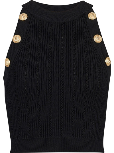 Balmain Embellished Ribbed-knit Halterneck Top In Noir