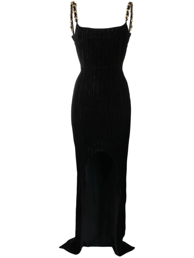 Balmain Button Cowl-neck Velvet Slit Maxi Dress In Black