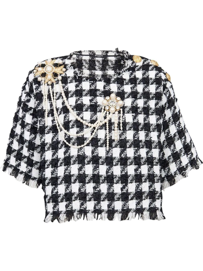 Balmain Brooch Embellished Houndstooth Pattern Top In White