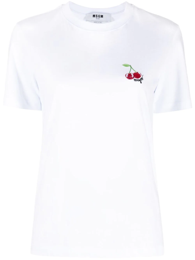 Msgm Cherry-embroidered Cotton T-shirt In White