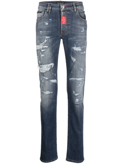 Philipp Plein Distressed Skinny-cut Jeans In Blu