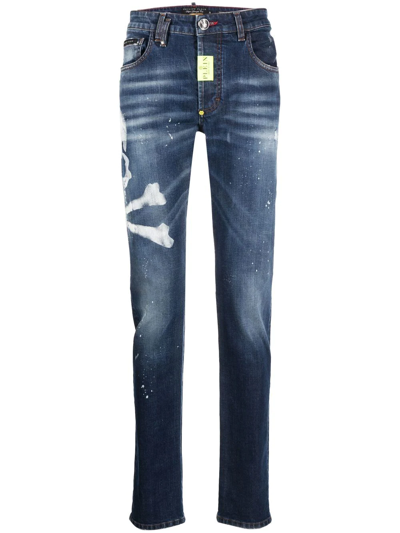 Philipp Plein Skull-print Slim-cut Jeans In Blau