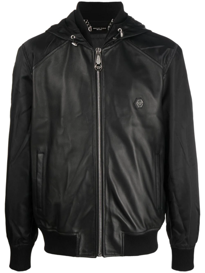 Philipp Plein Logo-embossed Hybrid Leather Jacket In Schwarz