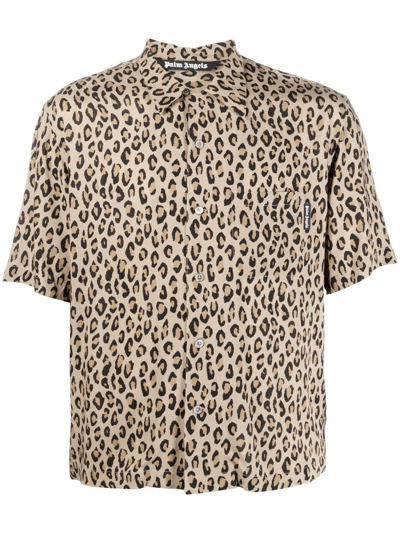 Palm Angels Leopard-print Short-sleeve Shirt In Brown