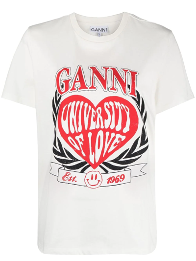 Ganni Heart University Of Love Printed Organic Cotton-jersey T-shirt In White