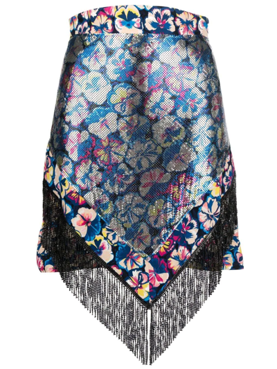 Paco Rabanne Fringed Floral-print Mini Skirt In Blau