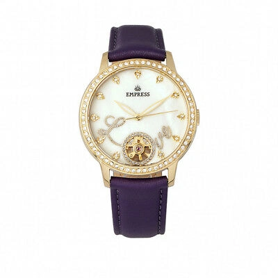 Pre-owned Empress Quinn Women's Mop Crystal Semi-skeleton Purple Leather Watch Em2705