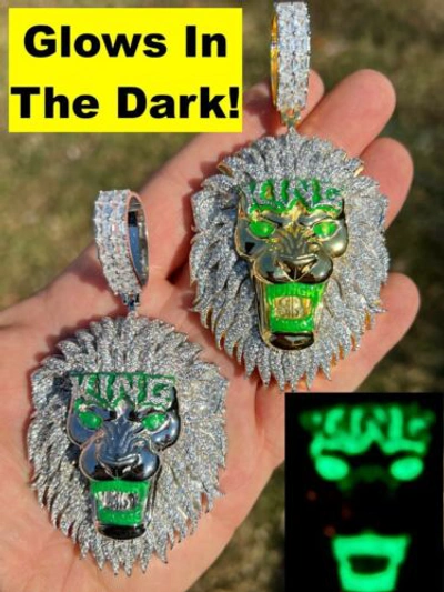 Pre-owned Silver 925  / Gold Plated Glows In The Dark Lion King Huge 3" Hip Hop Pendant Cz