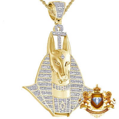 Pre-owned Us Diamond King Genuine Diamond 0.60 Cwt. Egyptian God Anubis Ankh Cross Pendent Charm Chain Set In Yellow Gold Finish
