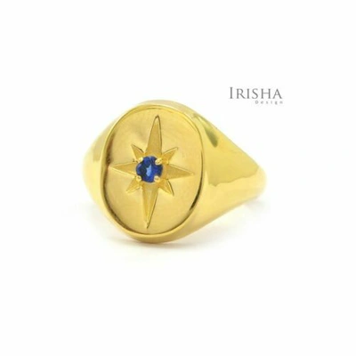 Pre-owned Irisha Designs 0.04 Ct. Blue Sapphire Stone Engraved Starburst Signet Design Ring 14k Gold