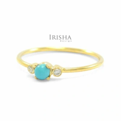 Pre-owned Irisha Designs 14k Gold Birthday Gift Genuine Earthmined Diamond And Turquoise Gemstone Ring In White