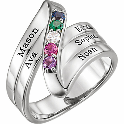 Pre-owned Everydaymomstore Engraved Family Rings Family Mother's Ring Sterling Silver 1-5 Round Birthstones, Engraving Option