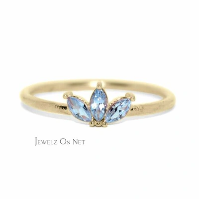 Pre-owned J.o.n 14k Gold 0.25 Ct. Genuine Three Marquise Aquamarine Gemstone Ring Fine Jewelry