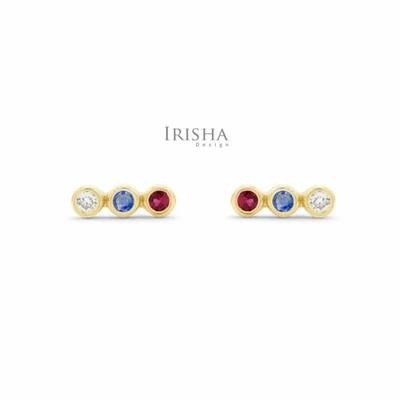 Pre-owned Irisha Designs Genuine Vs Clarity Diamond Ruby Blue Sapphire Three Stone Studs 14k Solid Gold In F-g