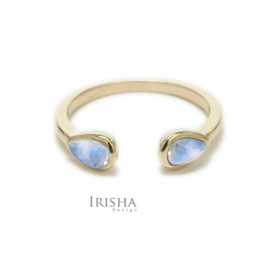 Pre-owned Irisha Designs Genuine Pear Shape Rainbow Moonstone Open Cuff Ring 14k Gold Fine Jewelry In Blue