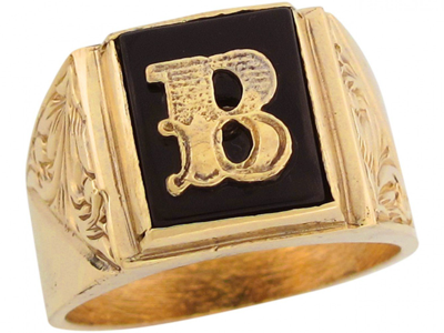 Pre-owned Jackani 10k Or 14k Real Gold 12x10mm Rectangle Onyx Letter B Fancy Mens Initial Ring In Black