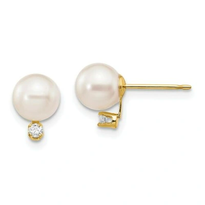 Pre-owned Versil 14k 6-7mm White Round Saltwater Akoya Cultured Pearl Diamond Post Earrings